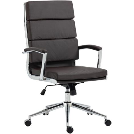 Silla de oficina con ruedas respaldo triple acolchado y forma ergonómica en piel sintética marrón y metal cromado 100007086
