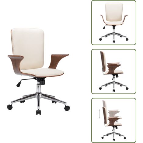 Silla de oficina con ruedas - vidaXL Silla de oficina giratoria cuero sintético madera curva crema - Silla de oficina cuero sintético