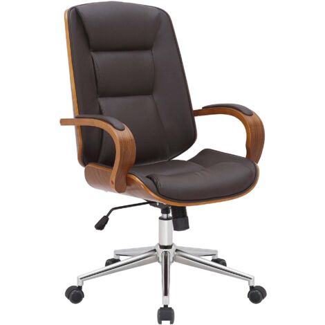 Silla de oficina con ruedas y reposabrazos de piel sintética marrón estructura de madera curvada y metal 100006979