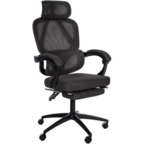 Silla de Oficina Ergonómica con Reposacabezas Ajustable Soporte Lumbar y Reposapiés Extensible de Malla Negra BUR10706