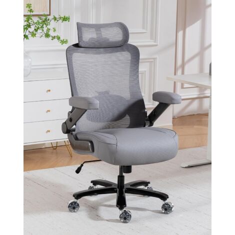 Silla de oficina ergonómica con soporte lumbar, reposacabezas y altura ajustables, capacidad de carga de 350 kg, respaldo reclinable de malla, reposabrazos plegables (gris)