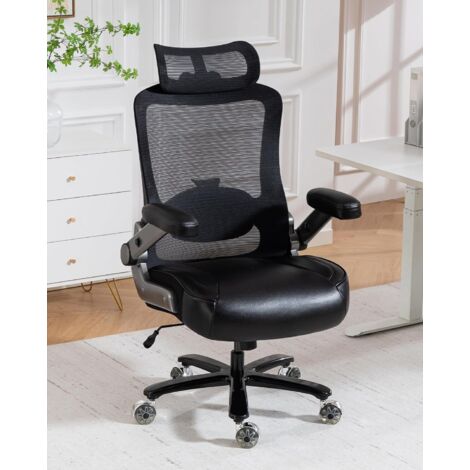 Silla de oficina ergonómica con soporte lumbar, reposacabezas y altura ajustables, capacidad de carga de 350 kg, respaldo reclinable de malla y reposabrazos plegables (negra).