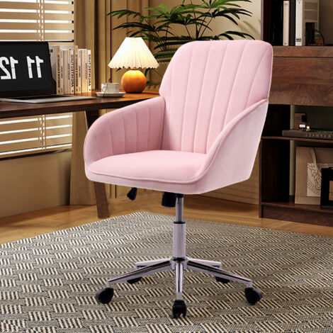 Silla de oficina ergonómica giratoria 360°, altura regulable de 50 a 59 cm, respaldo cómodo, terciopelo rosa.
