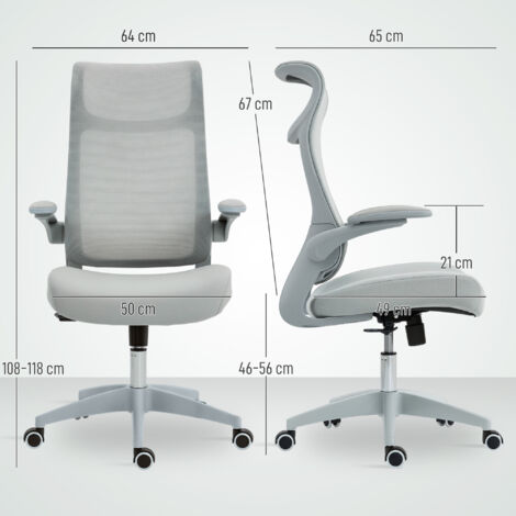 Silla de Oficina Ergonómica Giratoria de Malla con Soporte Lumbar Reposabrazos Abatibles Reposacabezas Basculante Gris