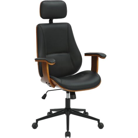 Silla de oficina ergonómica y de diseño con reposacabezas y reposabrazos en madera marrón y símil piel negra BUR10705