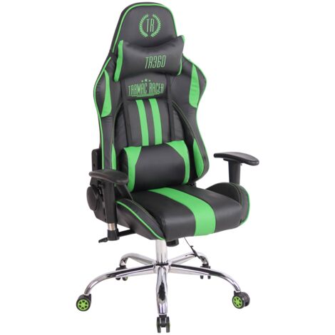 Silla de oficina gamer de diseño deportivo con función de masaje calefactable y cojines de PVC negro/verde 100002532