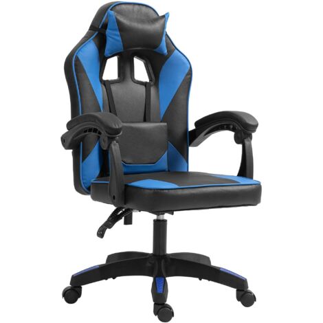 Silla de oficina gaming con respaldo reclinable 130° y ruedas con reposabrazos de plástico y piel sintética negra y azul 100006951