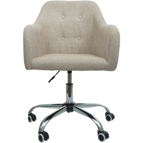 Silla de oficina giratoria con reposabrazos en tejido color crema con botones decorativos y costuras decorativas 040006230