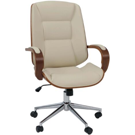 Silla de oficina giratoria con ruedas reposabrazos de piel sintética color crema y estructura de madera curvada con acabado nogal 040009102