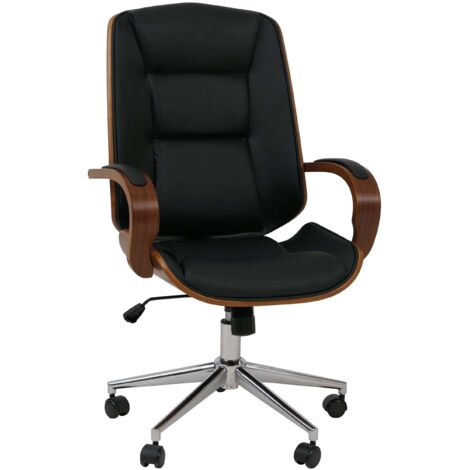 Silla de oficina giratoria con ruedas reposabrazos de piel sintética negra y estructura de madera curvada con acabado nogal 040009101