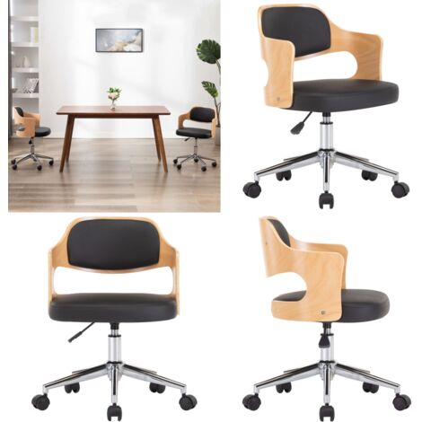 Silla de oficina giratoria madera curvada cuero sintético negro - Silla de oficina con respaldo - Silla de oficina con ruedas