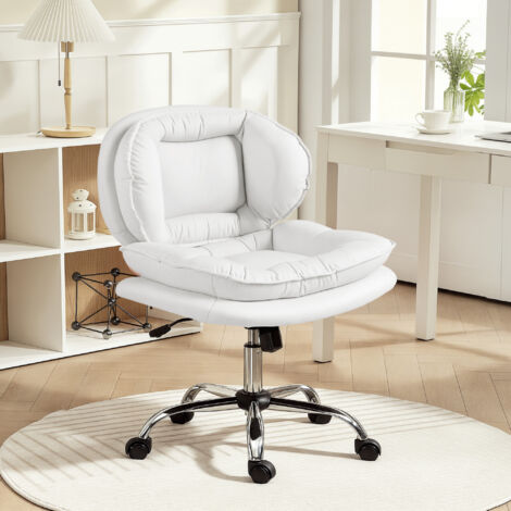 Silla de Oficina Piernas Cruzadas con Asiento Ancho Ruedas Altura Ajustable Doble Acolchado Función Basculante Blanco