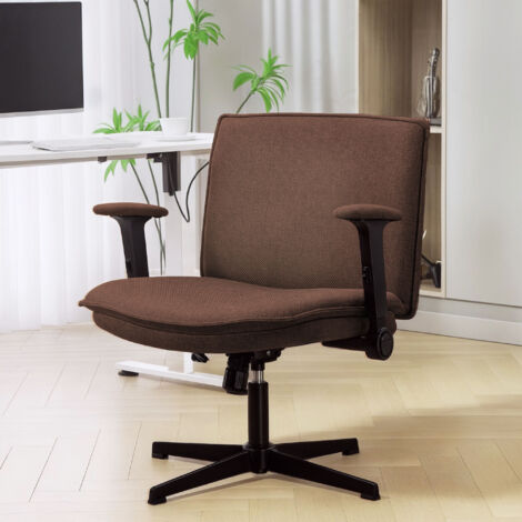 Silla de Oficina Piernas Cruzadas con Reposabrazos Abatible Asiento Ancho sin Ruedas Altura Ajustable Giratoria Marrón