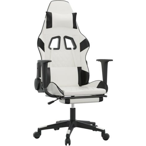 Silla de oficina silla gaming con función masaje cojín lumbar y reposapiés en PVC blanco y negro DEC025828