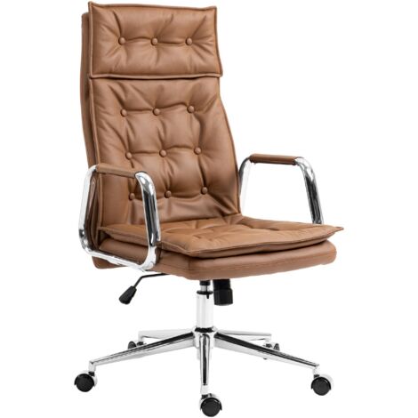 Silla de oficina tapizada con acolchado grueso en piel auténtica marrón claro y patas de metal cromado 100007004