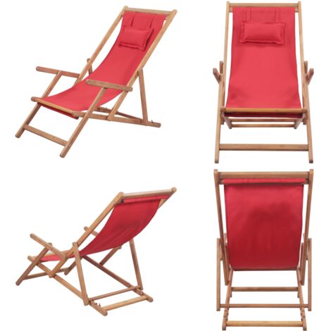 Silla de playa plegable de tela y estructura de madera roja - Silla de jardín - Silla de camping
