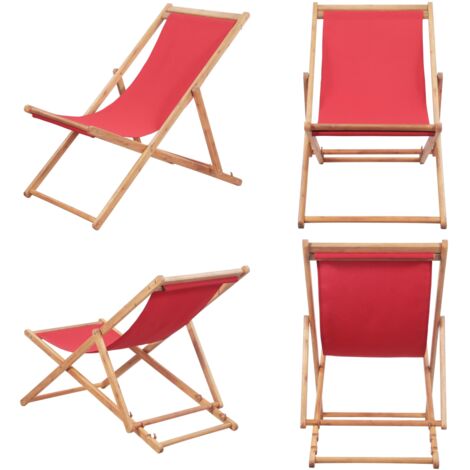 Silla de playa plegable de tela y estructura de madera roja - Silla de jardín - Silla de camping