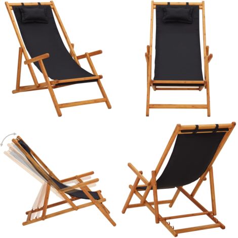 Silla de playa plegable madera maciza de eucalipto y tela negra - Silla de camping - Silla reclinable