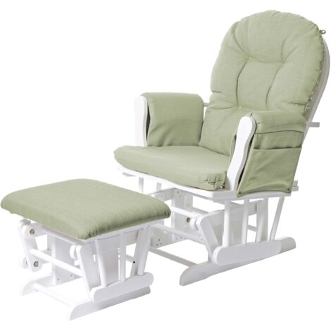 Silla de relajación mecedora con reposapiés en tela verde claro estructura de madera blanca 040006826