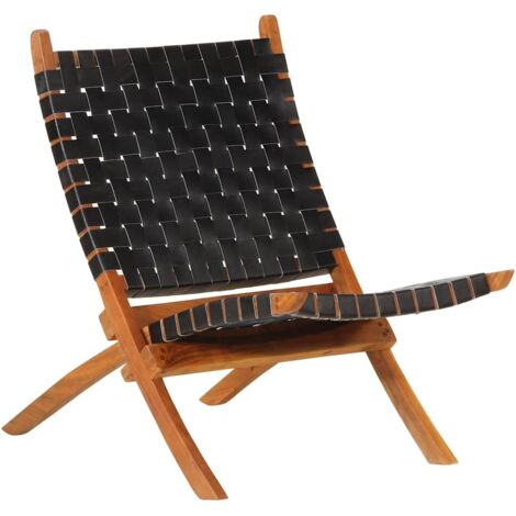 Silla de relax plegable cuero auténtico negro