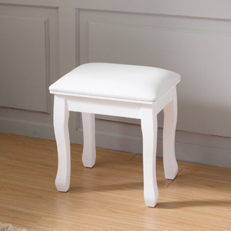 Silla de tocador sin respaldo acolchada cuero PU elástico patas madera color blanco