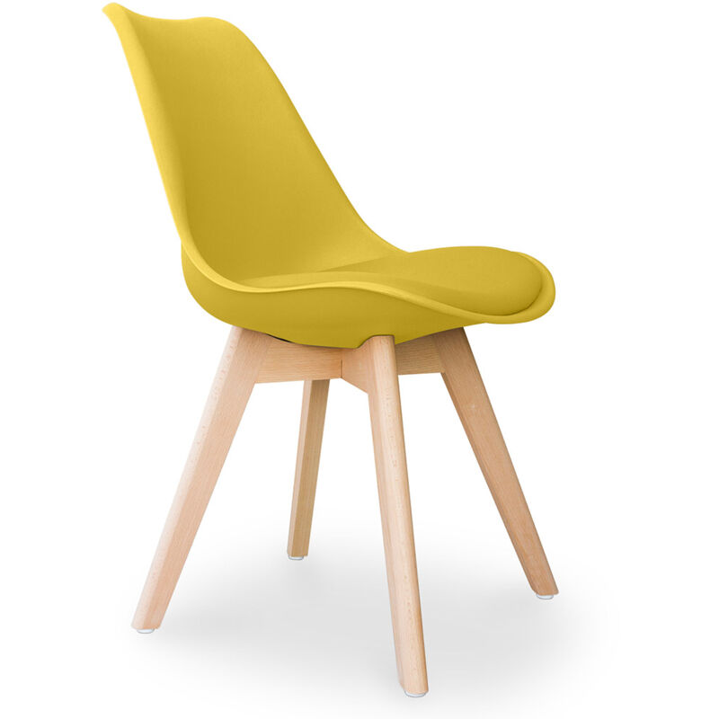 

Privatefloor - Silla de comedor Denisse Estilo Escandinavo Diseño Premium con cojín Amarillo Cuero de imitación, Madera de Haya, PP, Madera, Cuero,