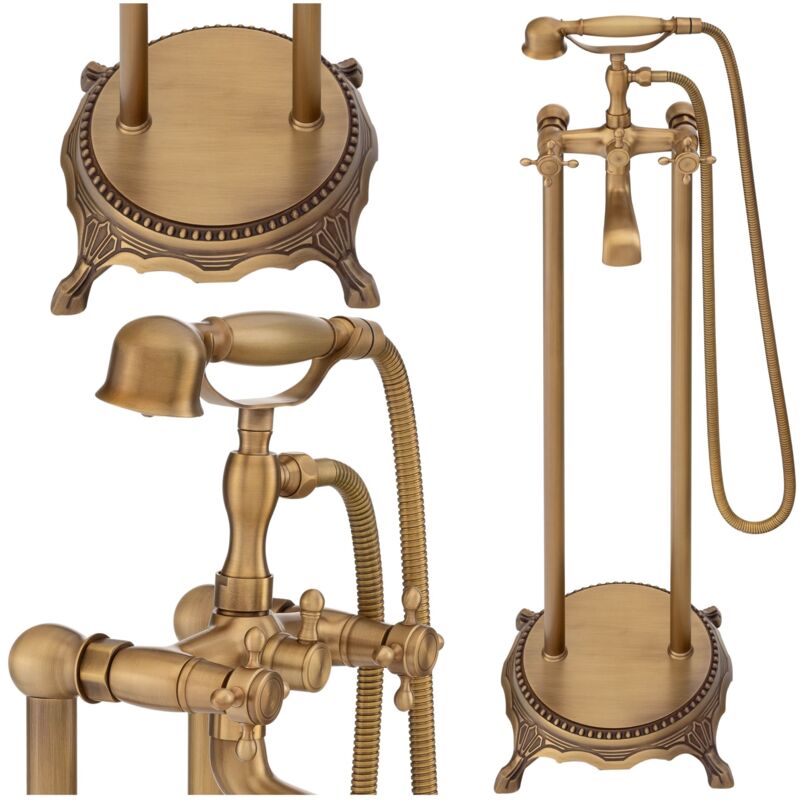Silla élégant Robinet de Baignoire retro sur pied avec inverseur et bec rotatif, Ancien doré