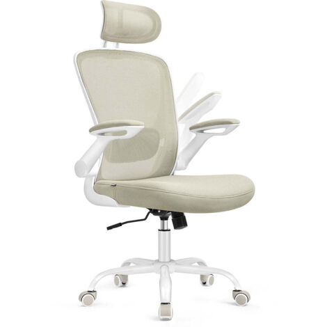 Silla ergonómica de oficina de lona con soporte lumbar acolchado mecanismo de balanceo asiento de 53 cm de ancho reposabrazos abatibles y reposacabezas beige 120004843