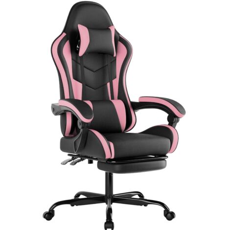 Silla ergonómica giratoria para juegos, silla de oficina de cuero sintético con soporte lumbar y reposapiés para juegos, oficina y ocio (Negro y Rosa)