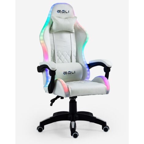 EGLI Silla gaming blanca ergonómica reclinable LED sillón con cojín Pixy