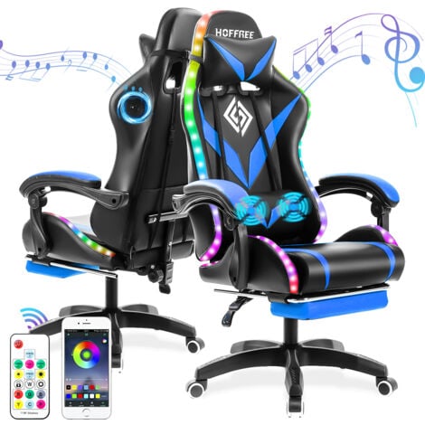 DRILLPRO Silla Gaming con Masaje con Luces LED y Altavoces Sillón de Oficina Ergonómico con Reposapiés - Negro Azul