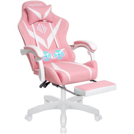 MAEREX Silla Gaming con Masaje, Silla de Oficina Ergonómica con Reposapiés y Soporte Lumbar, Sillas Gaming - Rosa + Blanco