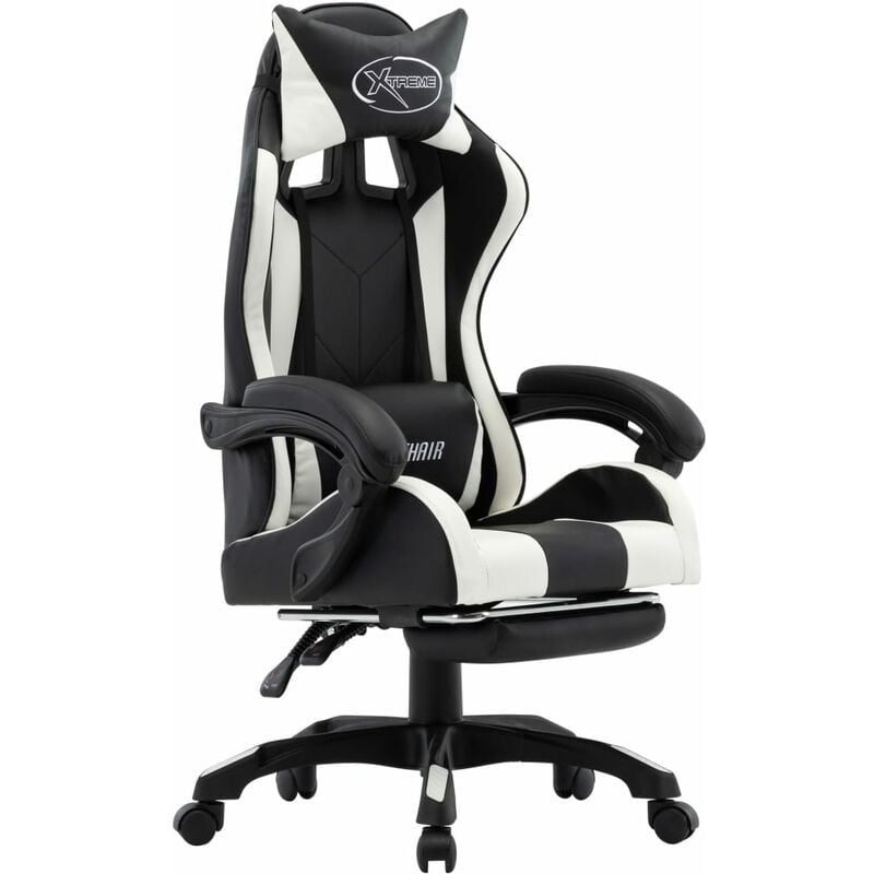 

vidaXL Silla Gaming con Reposapiés Cuero Sintético Blanco y Negro - Blanco