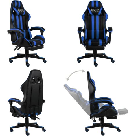 Silla gaming con reposapiés cuero sintético negro y azul - Silla de gamer - Silla con reposapiés