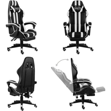 Silla gaming con reposapiés cuero sintético negro y blanco - Silla de gamer - Silla reclinable