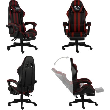 Silla gaming con reposapiés cuero sintético negro y rojo tinto - Silla de gamer - Silla con reposapiés