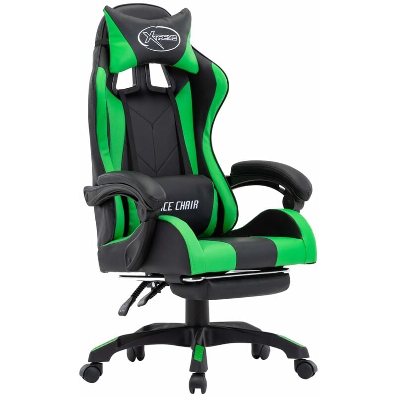 

Silla gaming con reposapiés cuero sintético verde y negro