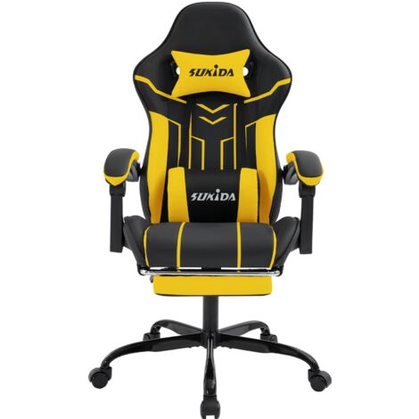 Silla gaming de carreras, ergonómica, de oficina de piel sintética con soporte lumbar y reposapiés, ideal para oficina y gaming (amarillo y blanco).