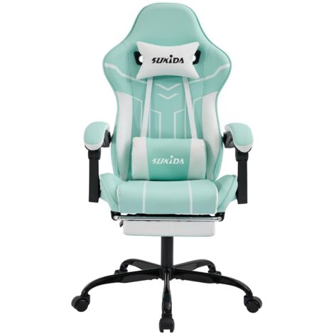 Silla gaming de carreras, ergonómica, de oficina de piel sintética con soporte lumbar y reposapiés, ideal para oficina y gaming (verde y blanco).