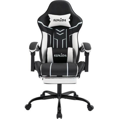 Silla gaming de carreras, ergonómica, de oficina de piel sintética con soporte lumbar y reposapiés para oficina y gaming (blanco y negro).