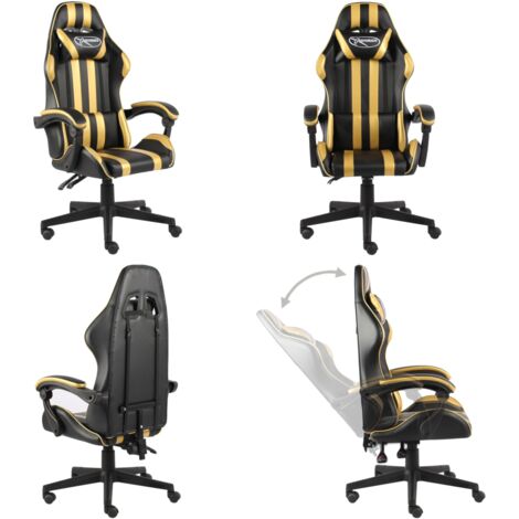 Silla gaming de cuero sintético negro y dorado - Silla de cuero sintético - Silla de gamer