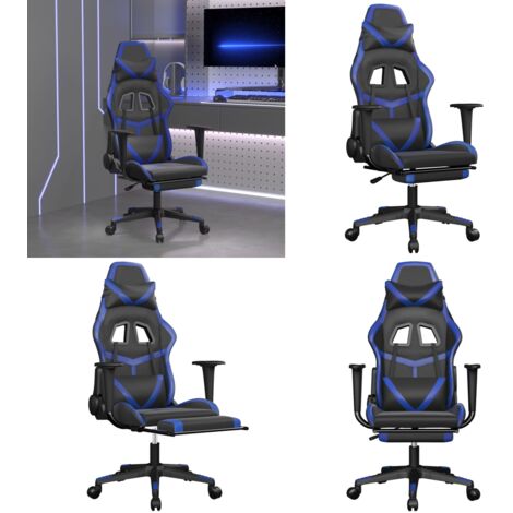 Silla gaming de masaje y reposapiés cuero sintético negro azul - Masaje - Reposapiés