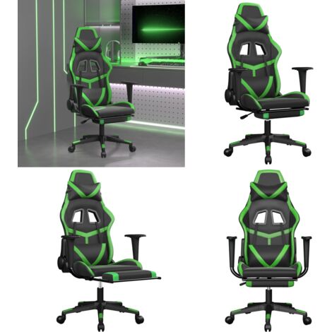 Silla gaming de masaje y reposapiés cuero sintético negro verde - Masaje - Reposapiés