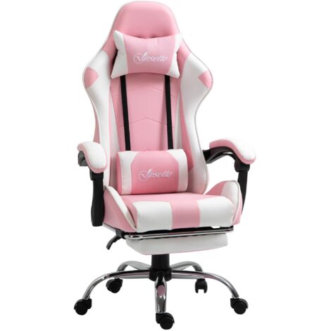 Silla gaming ergonómica con rotación de 360° y altura ajustable, con reposacabezas y cojín lumbar, ideal para oficina y gaming (rosa y blanco).