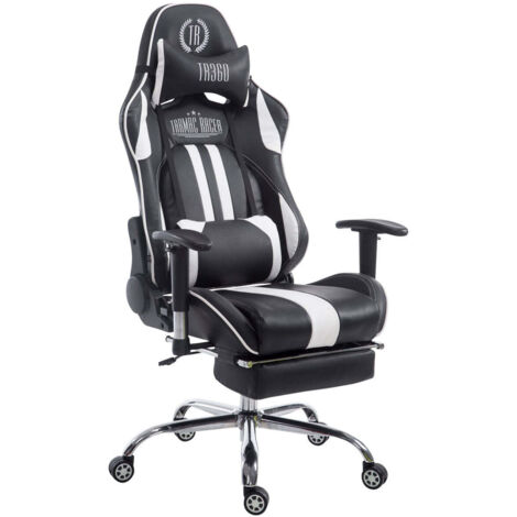 Silla gaming ergonómica de diseño deportivo y confort extremo con reposapiés de piel sintética en blanco y negro (100006947)