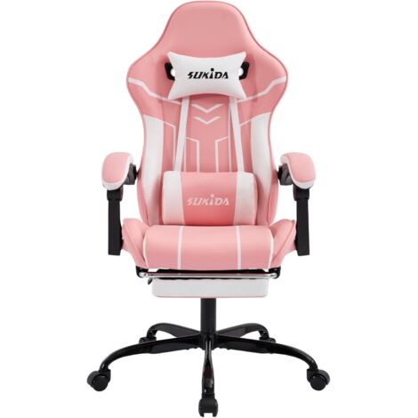 Silla gaming ergonómica, de oficina de piel sintética con soporte lumbar y reposapiés, ideal para oficina y gaming (rosa y blanco).