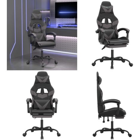 Silla gaming giratoria y reposapiés cuero sintético negro gris - Silla de juego - Silla de oficina
