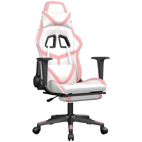 Silla gaming masaje y reposapiés cuero sintético blanco y rosa vidaXL