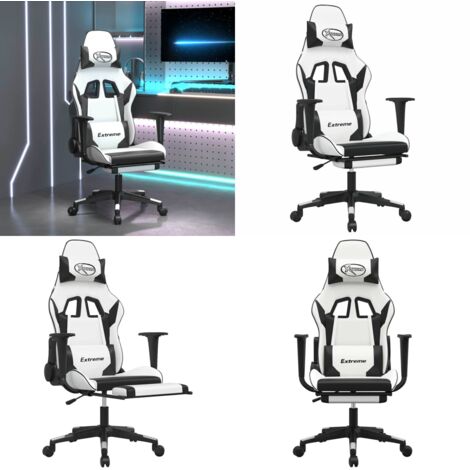 Silla gaming masaje y reposapiés cuero sintético negro blanco - Masaje - Reposapiés