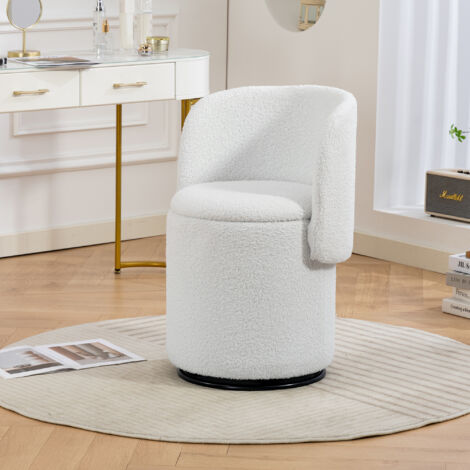 Silla giratoria de 360° con espacio de almacenamiento integrado para tocador o comedor, tapizada en tela de peluche blanca.